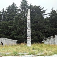 long houses and pole at Yan , reclaiming old village site across Masset Inlet from Old Massett
2022